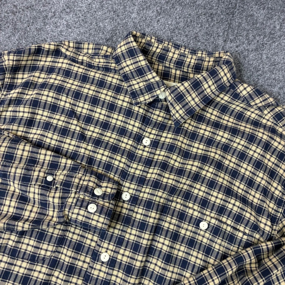 VTG Eddie Bauer Men XL Plaid Flannel Shirt Navy Blue Tan Long Sleeve Button Down